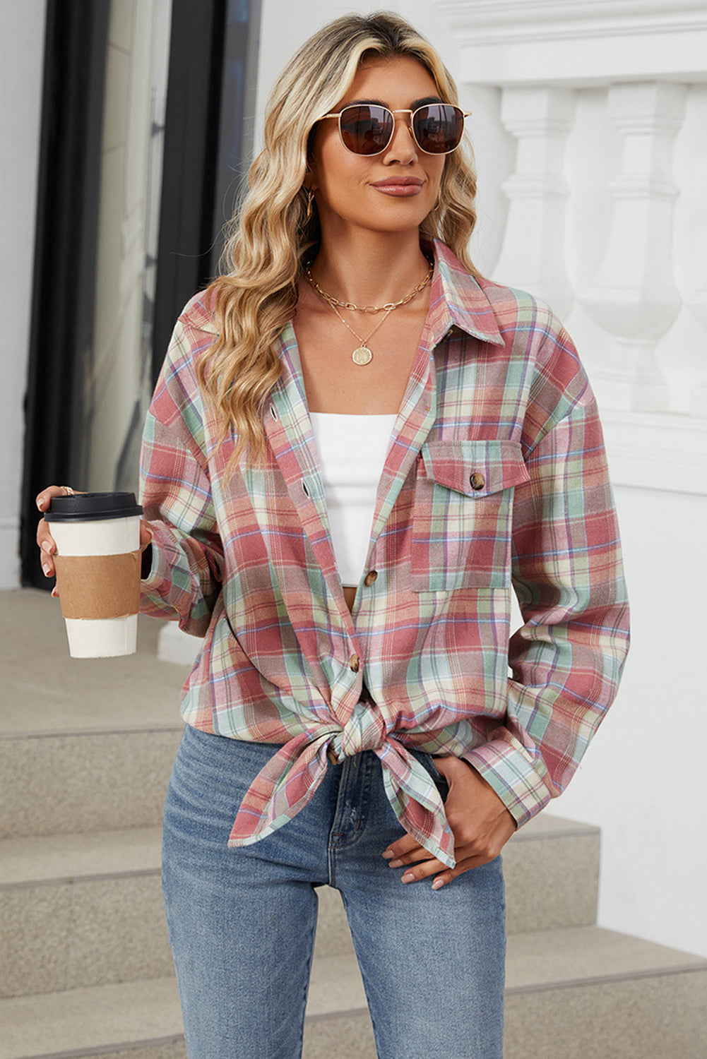 Pink Casual Plaid Print Pocket Button Shirt