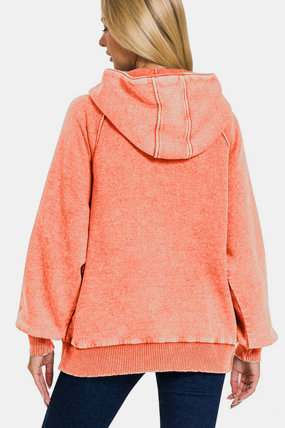 Zenana Acid Wash Fleece Kangaroo Hoodie