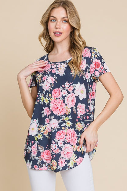 BOMBOM Floral Round Neck Short Sleeve T-Shirt