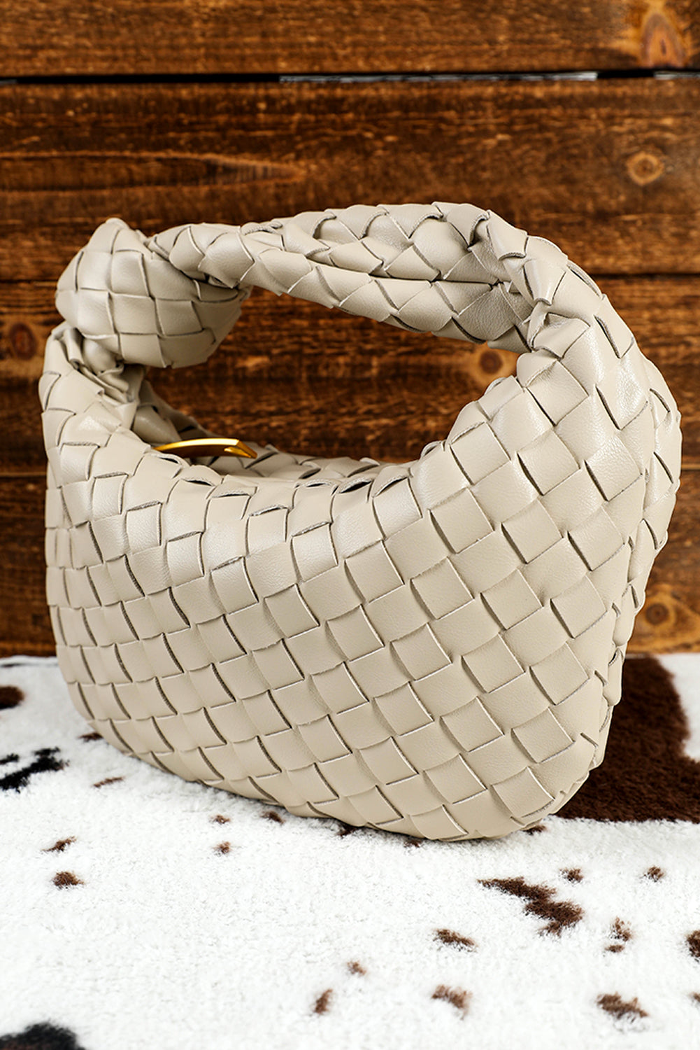 Beige Braided PU Leather Zipper Handbag