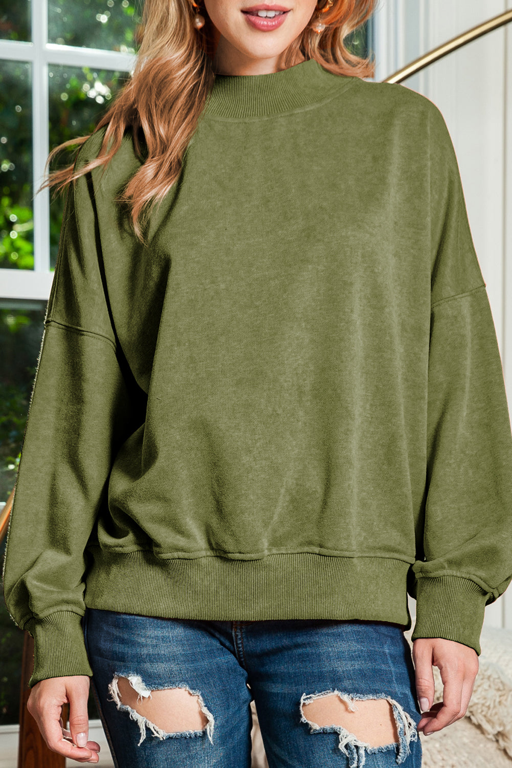 Brown Plain Drop Shoulder Crew Neck Pullover Sweatshirt