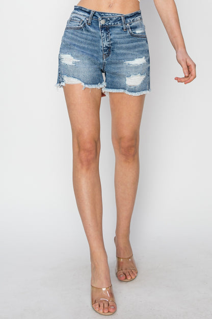 RISEN Stepped Waist Frayed Denim Shorts