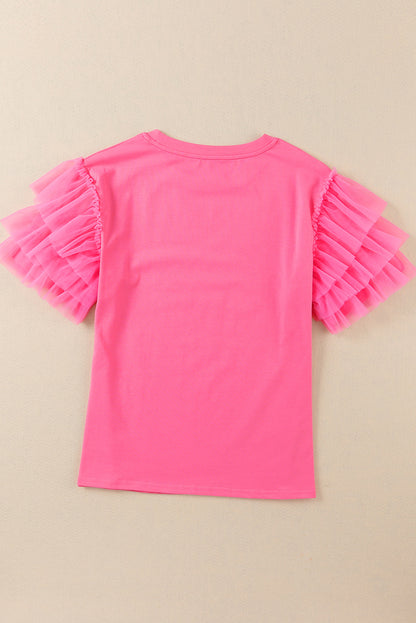 Pink Plain Round Neck Tulle Ruffle Sleeve Blouse