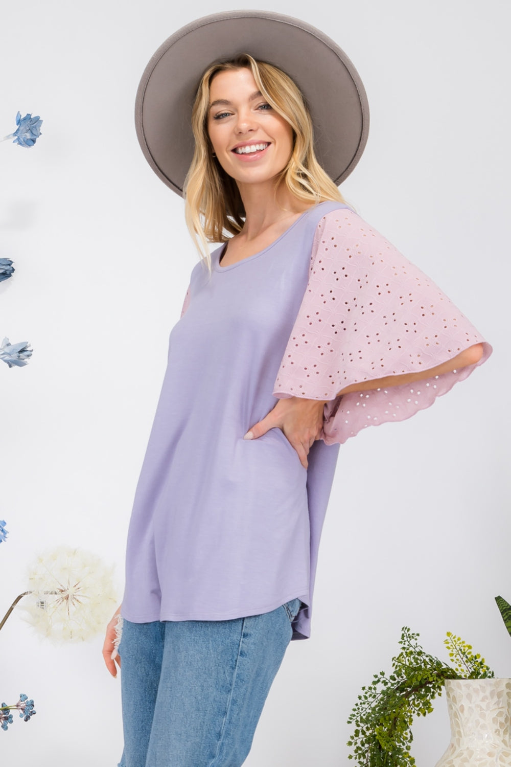 Celeste Full Size Contrast Eyelet Ruffle Sleeve Blouse