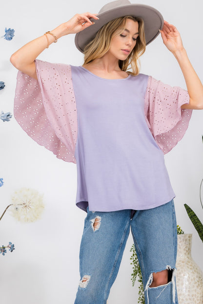 Celeste Full Size Contrast Eyelet Ruffle Sleeve Blouse