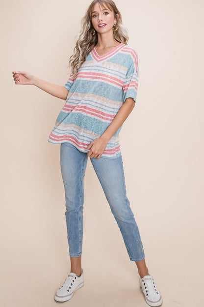 BOMBOM V-Neck Striped Knit Top