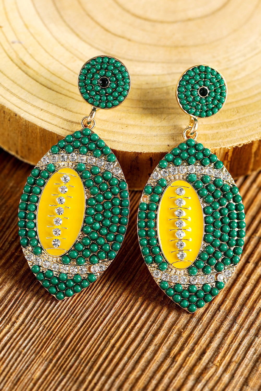 Dark Green Beaded Rhinestone Rugby Drop Earrings