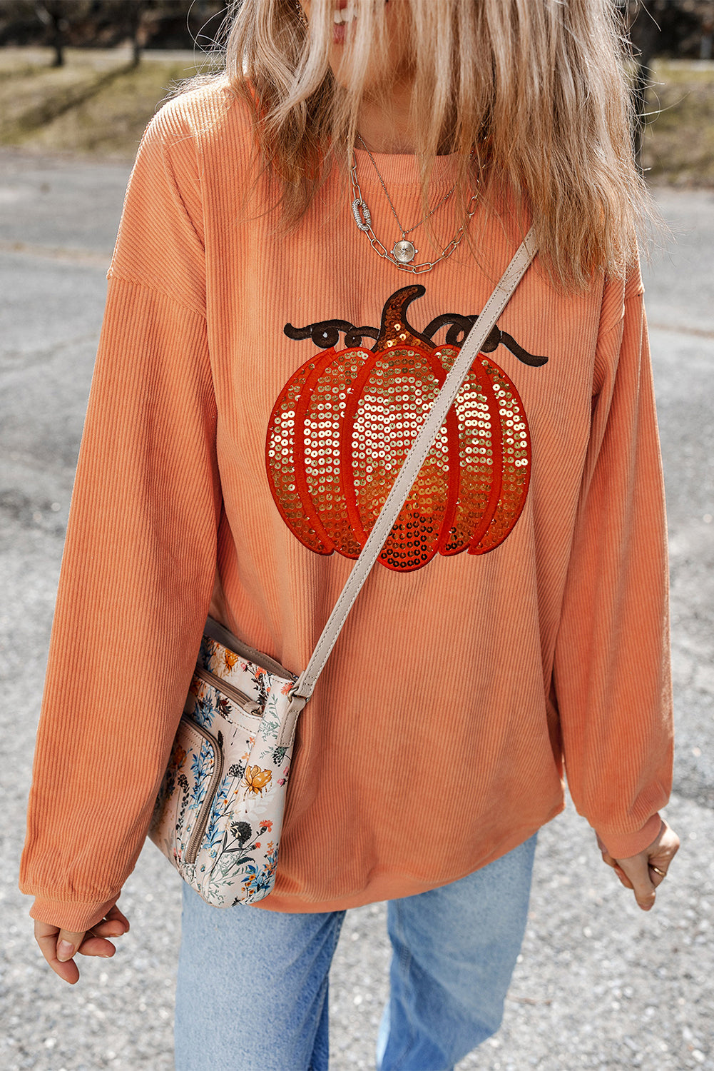 Apricot Crinkle Ribbed Halloween Sequin Pumpkin Graphic Sweatshirt