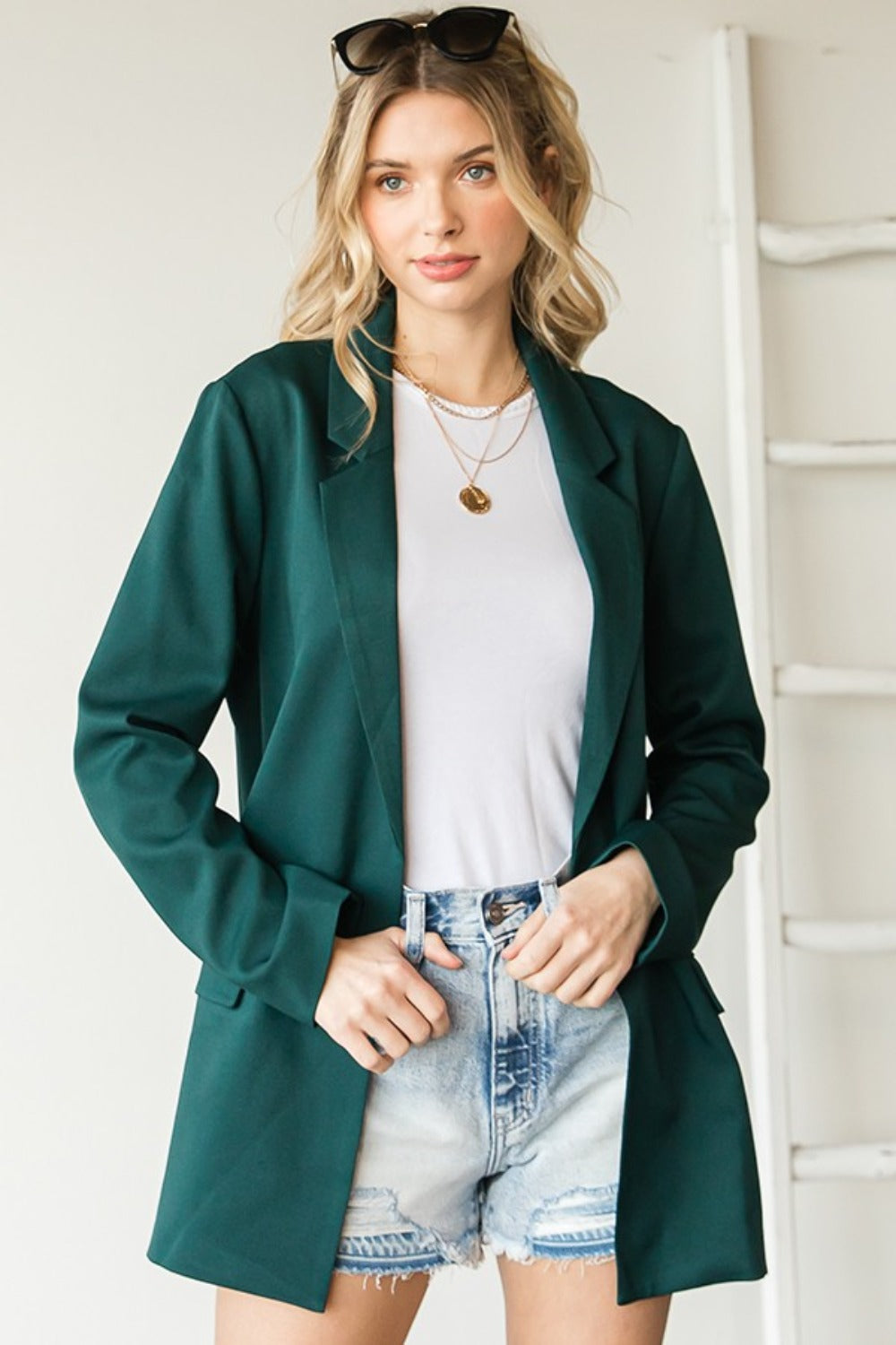 First Love Full Size Open Front Long Sleeve Blazer with Pockets