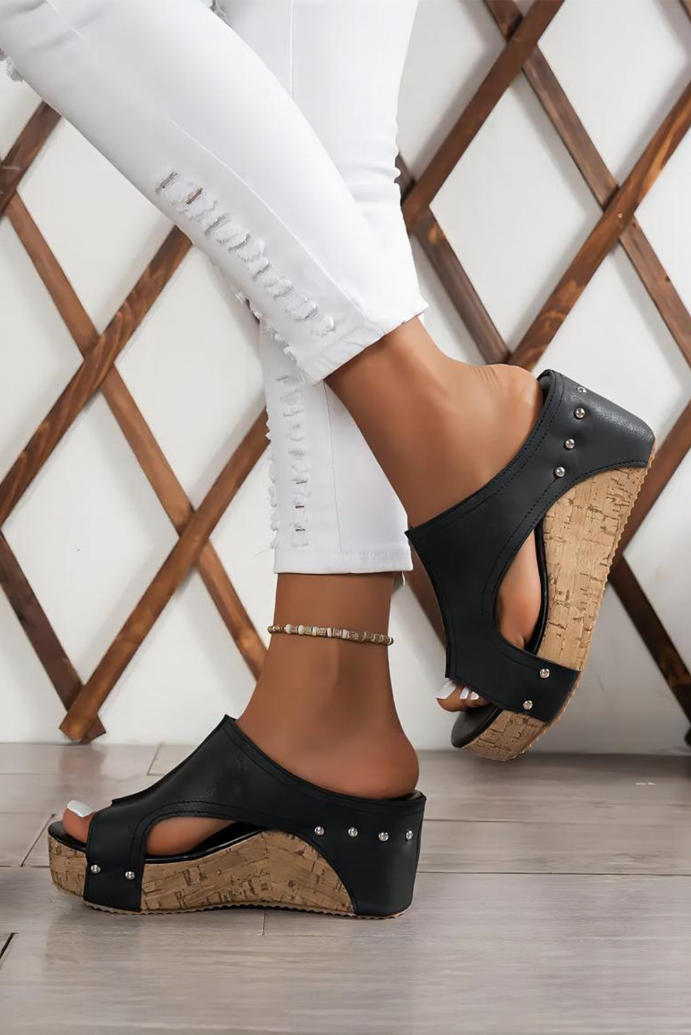 Gray Hollow Out Studded PU Leather Wedge Slides Shoes