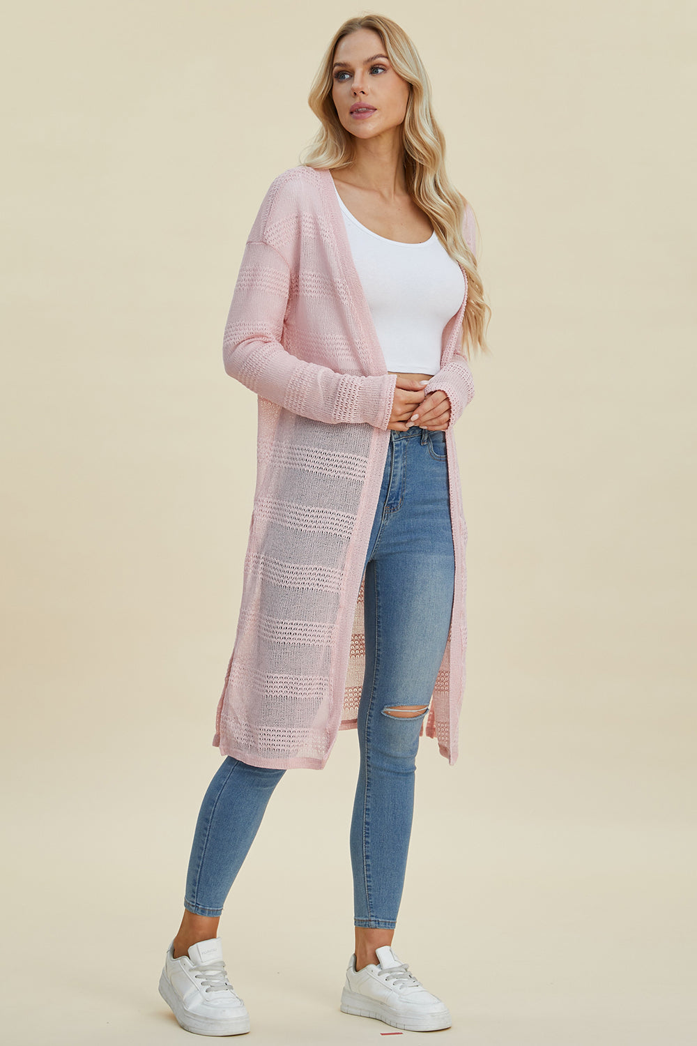 Double Take Full Size Open Front Longline Cardigan