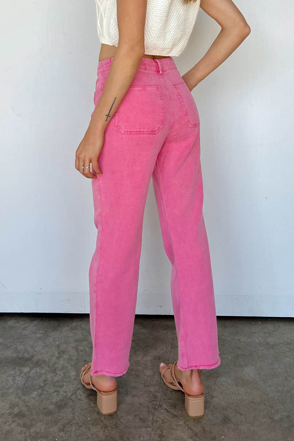 Pink Raw Hem Light Wash Flare Mid Rise Pants