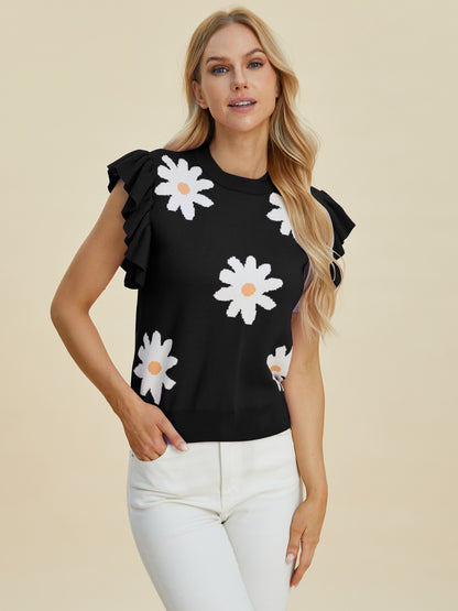 Double Take Full Size Ruffled Flower Round Neck Cap Sleeve Sweater