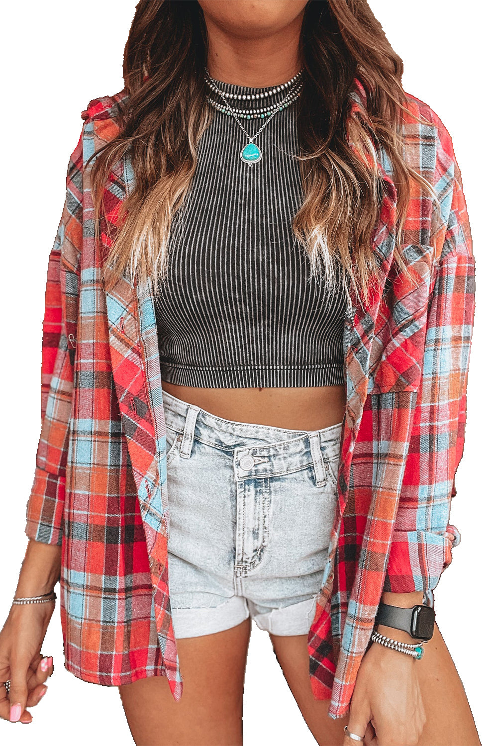 Red Plaid Print Drop Sleeve Loose Shirt