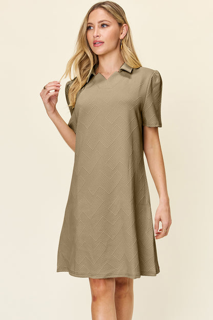 Double Take Full Size Texture Collared Neck Short Sleeve Dress