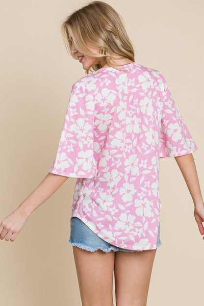 BOMBOM Floral Decorative Button V-Neck Top