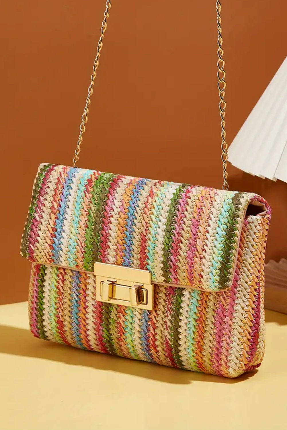 Camel Woven Striped Flapped Single Shoulder Bag