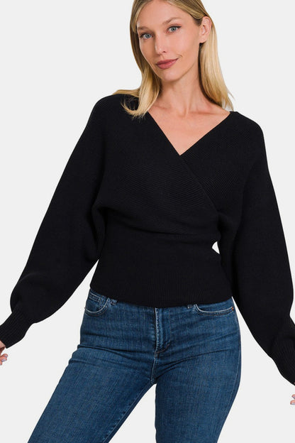 Zenana Cross Wrap Rib Long Sleeve Sweater