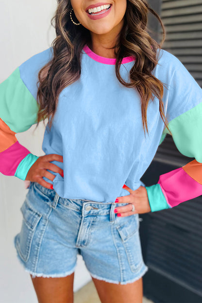 Dark Blue Color Block Sleeve Loose Fit Top