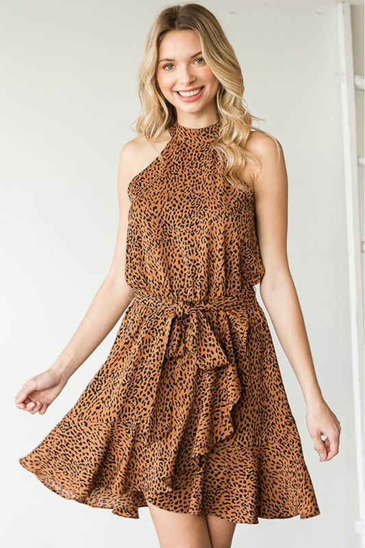 First Love Full Size Leopard Belted Sleeveless Dress