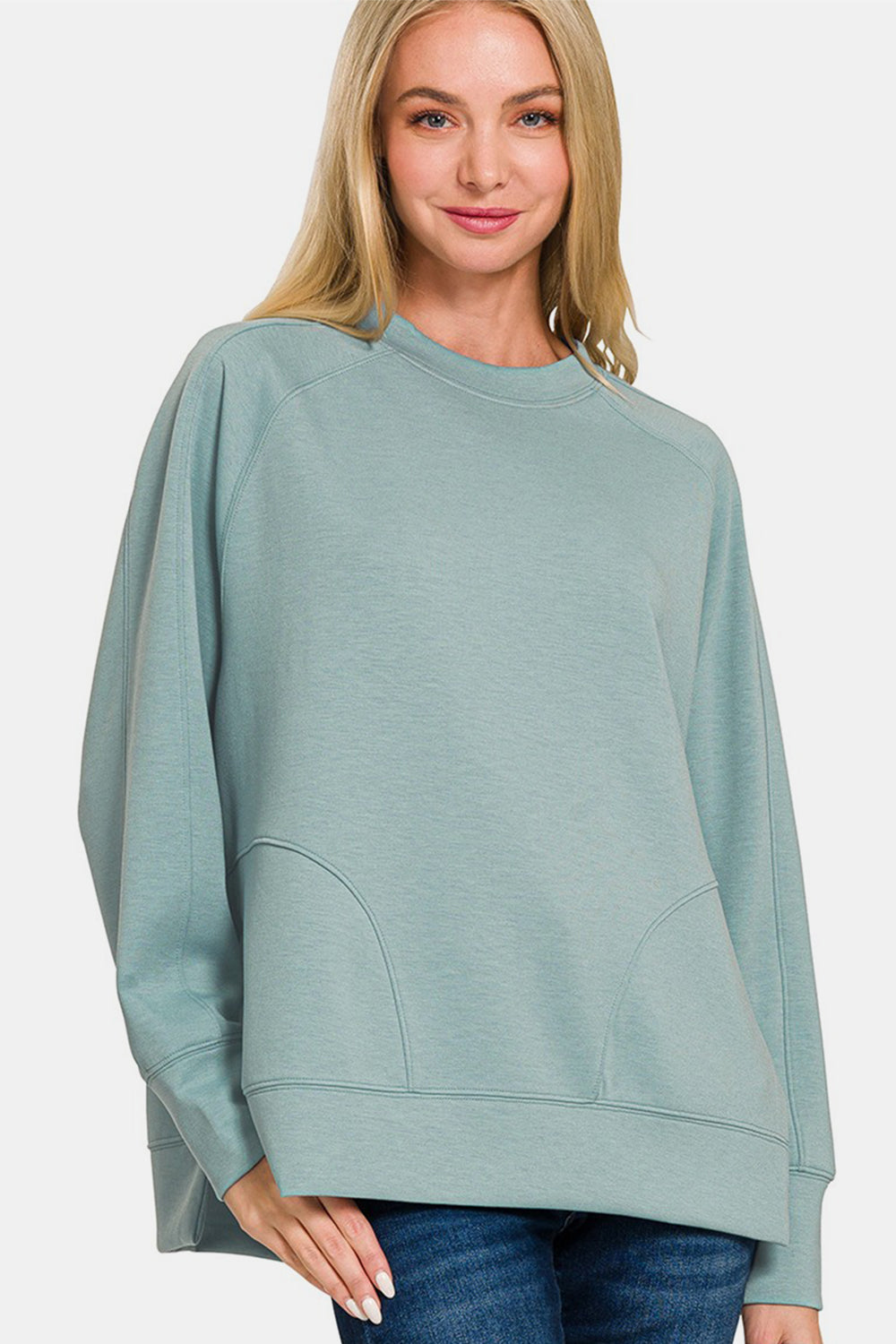 Zenana Scuba Round Neck Side Slit Sweatshirt