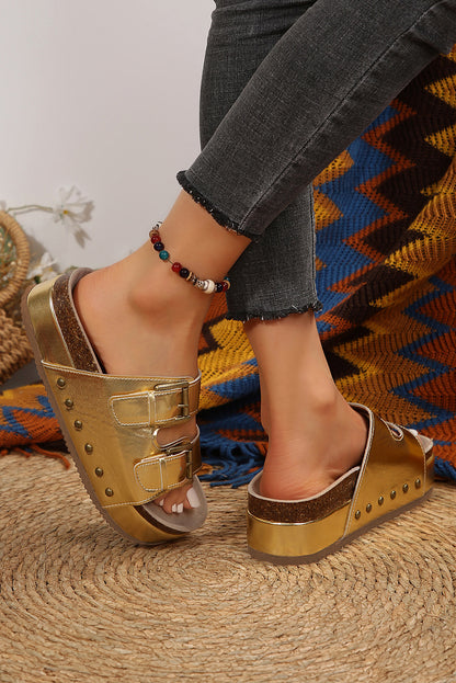 Gold Leathered Stud Dual Buckle Platform Slides Shoes