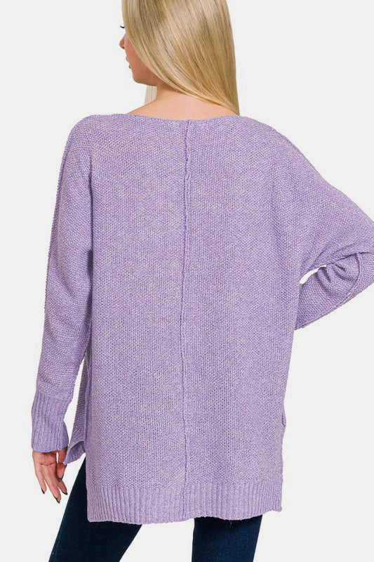 Zenana High-Low Center Seam V-Neck Sweater