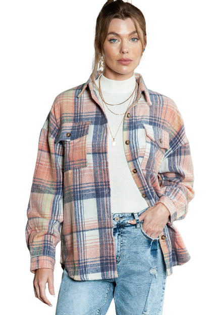 Gold Flame & Grey Plaid Button Up Collared Flannel Shacket