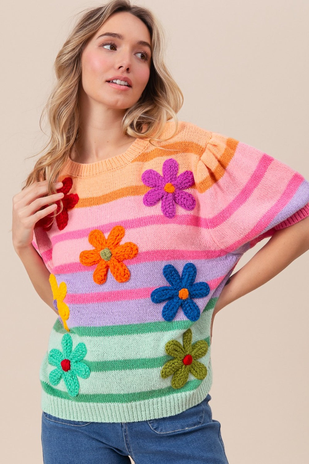 BiBi Flower Patch Puff Sleeve Striped Sweater