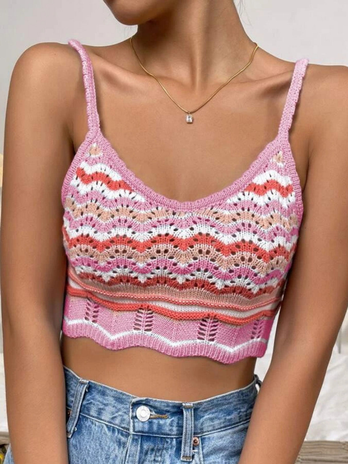 Openwork Striped Scoop Neck Cami