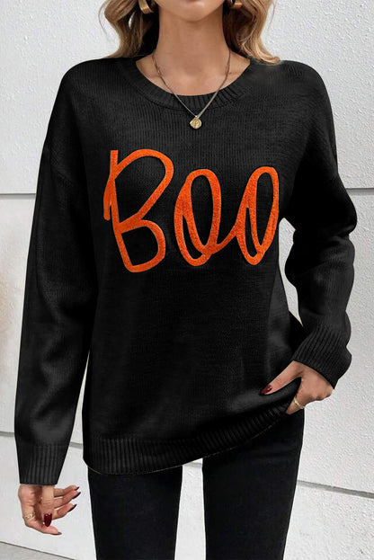 Black Halloween Boo Drop Shoulder Knit Sweater