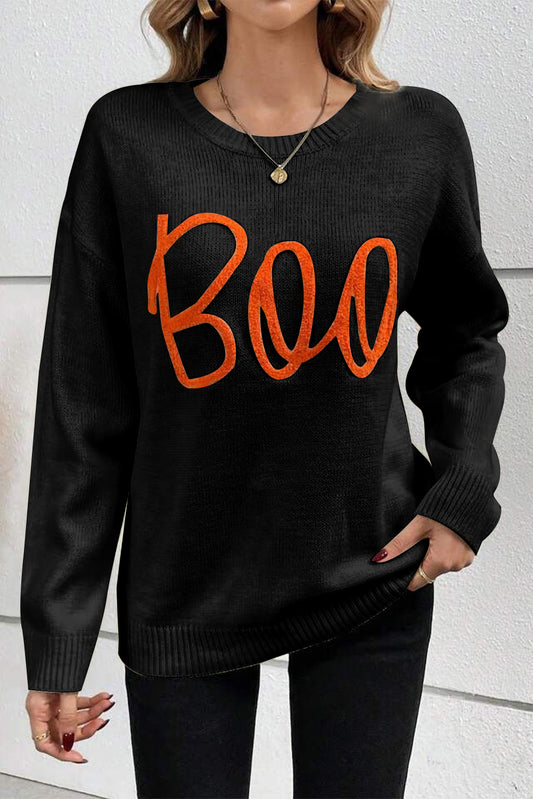 Black Halloween Boo Drop Shoulder Knit Sweater