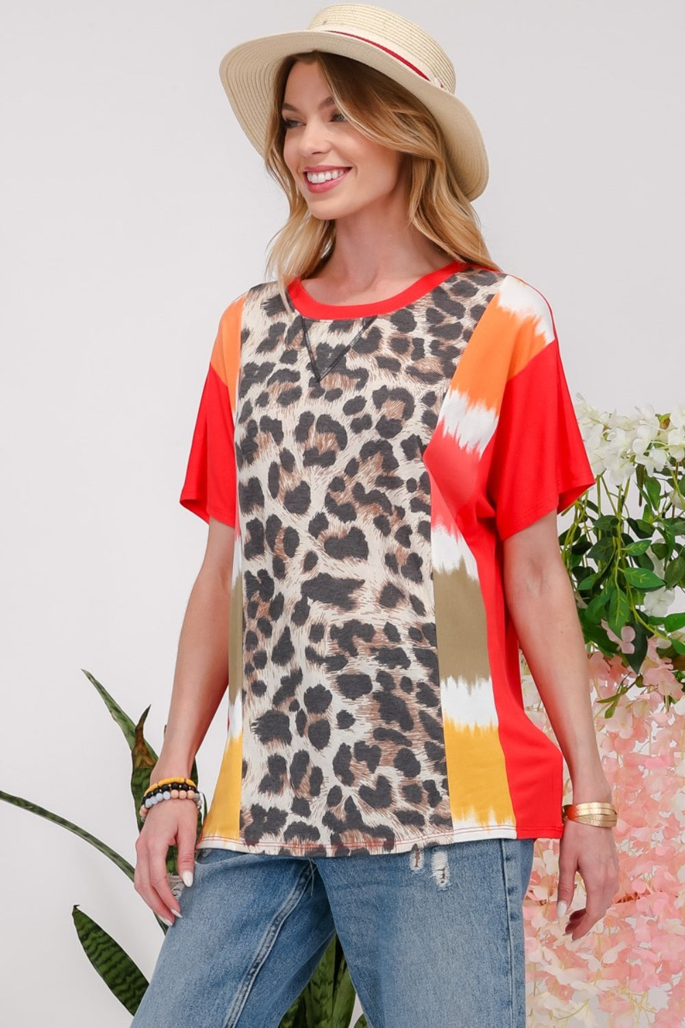 Celeste Full Size Leopard Color Block T-Shirt