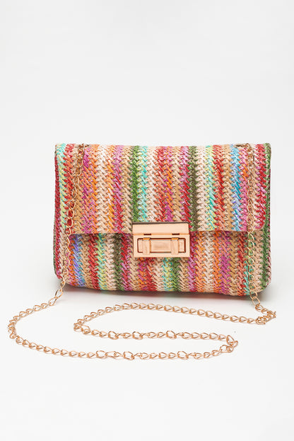 Camel Woven Striped Flapped Single Shoulder Bag