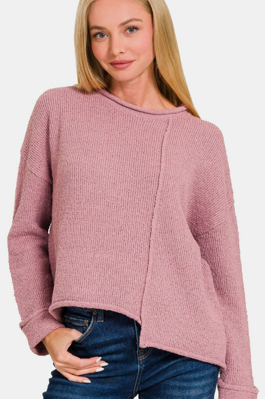 Zenana Asymmetric Hem Drop Shoulder Sweater