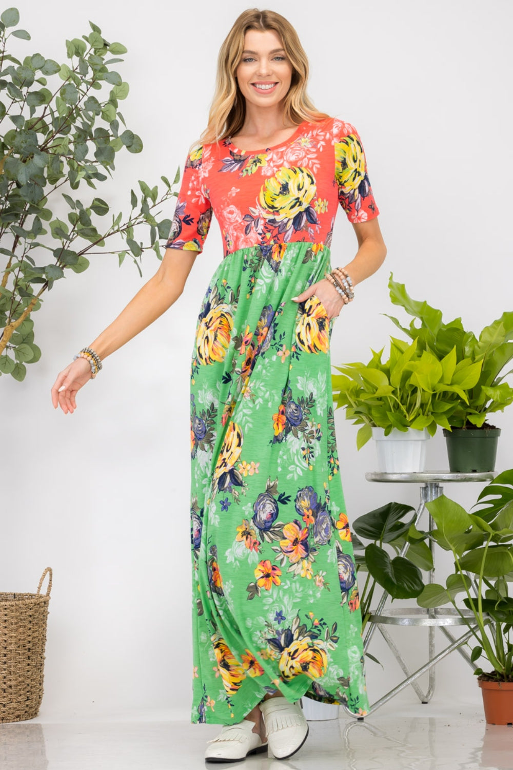 Celeste Full Size Printed Round Neck Short Sleeve Maxi Dress