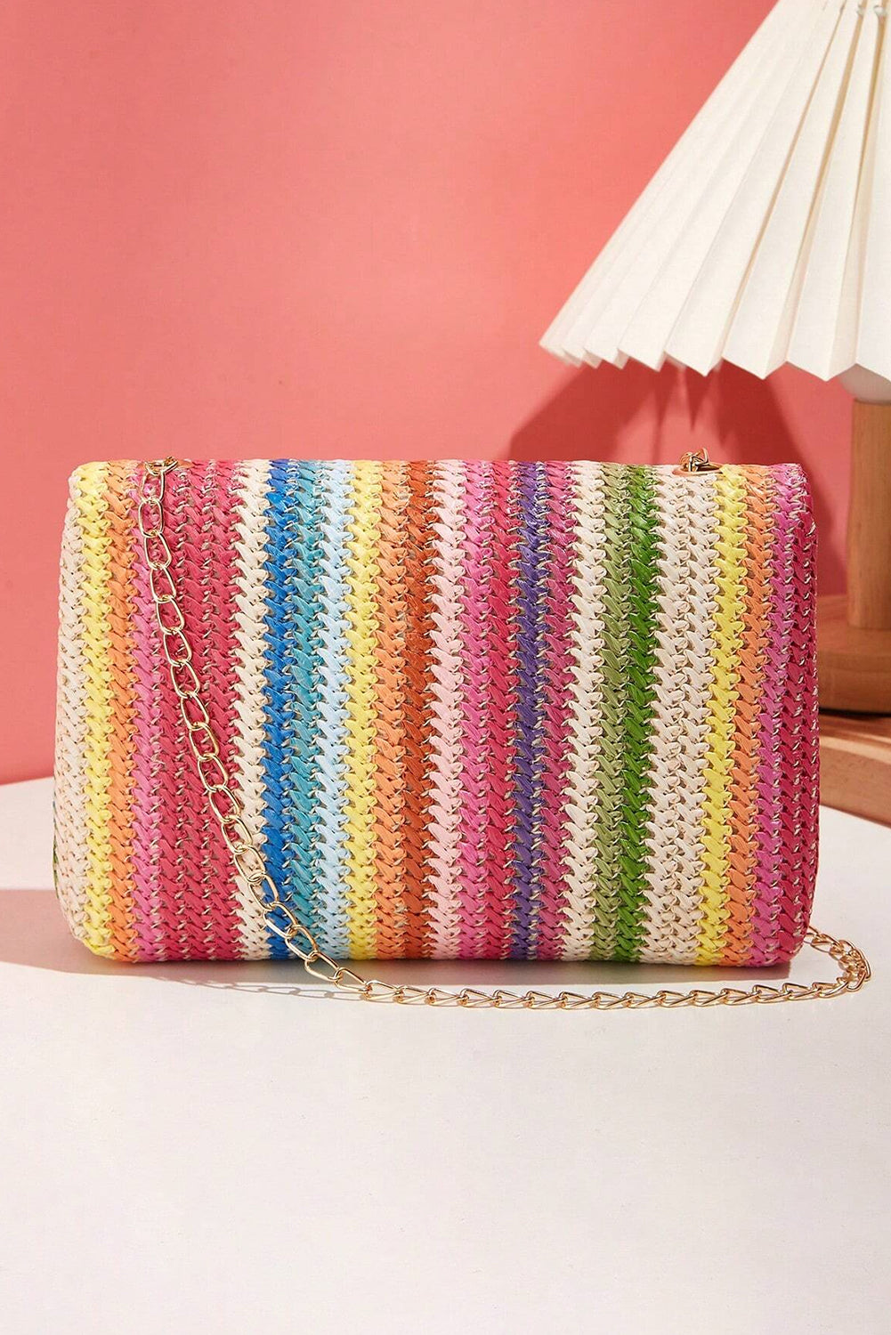 Camel Woven Striped Flapped Single Shoulder Bag