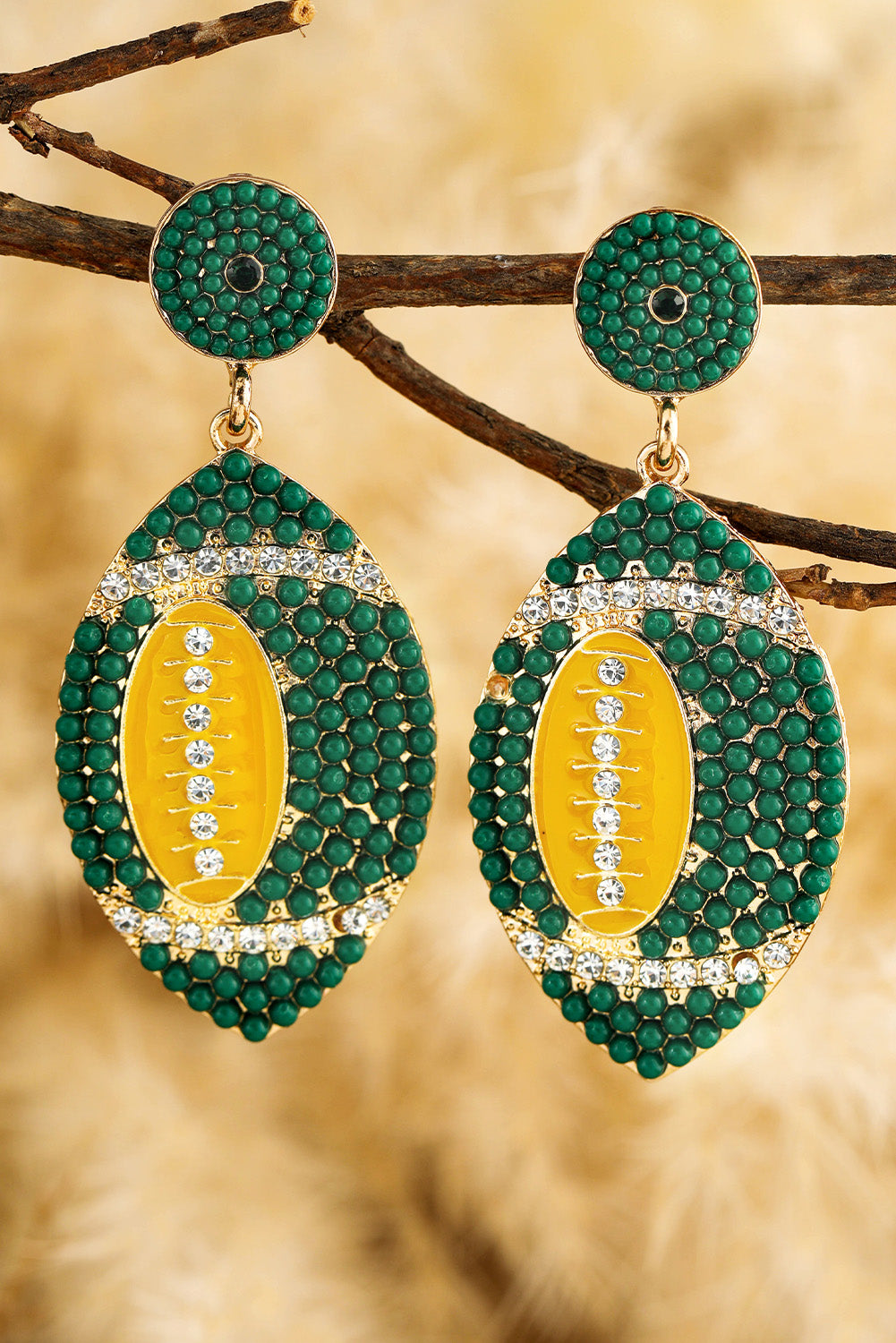 Dark Green Beaded Rhinestone Rugby Drop Earrings