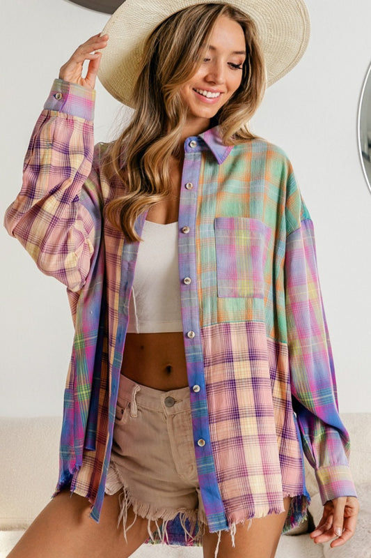 BiBi Plaid Color Block Button Up Shirt