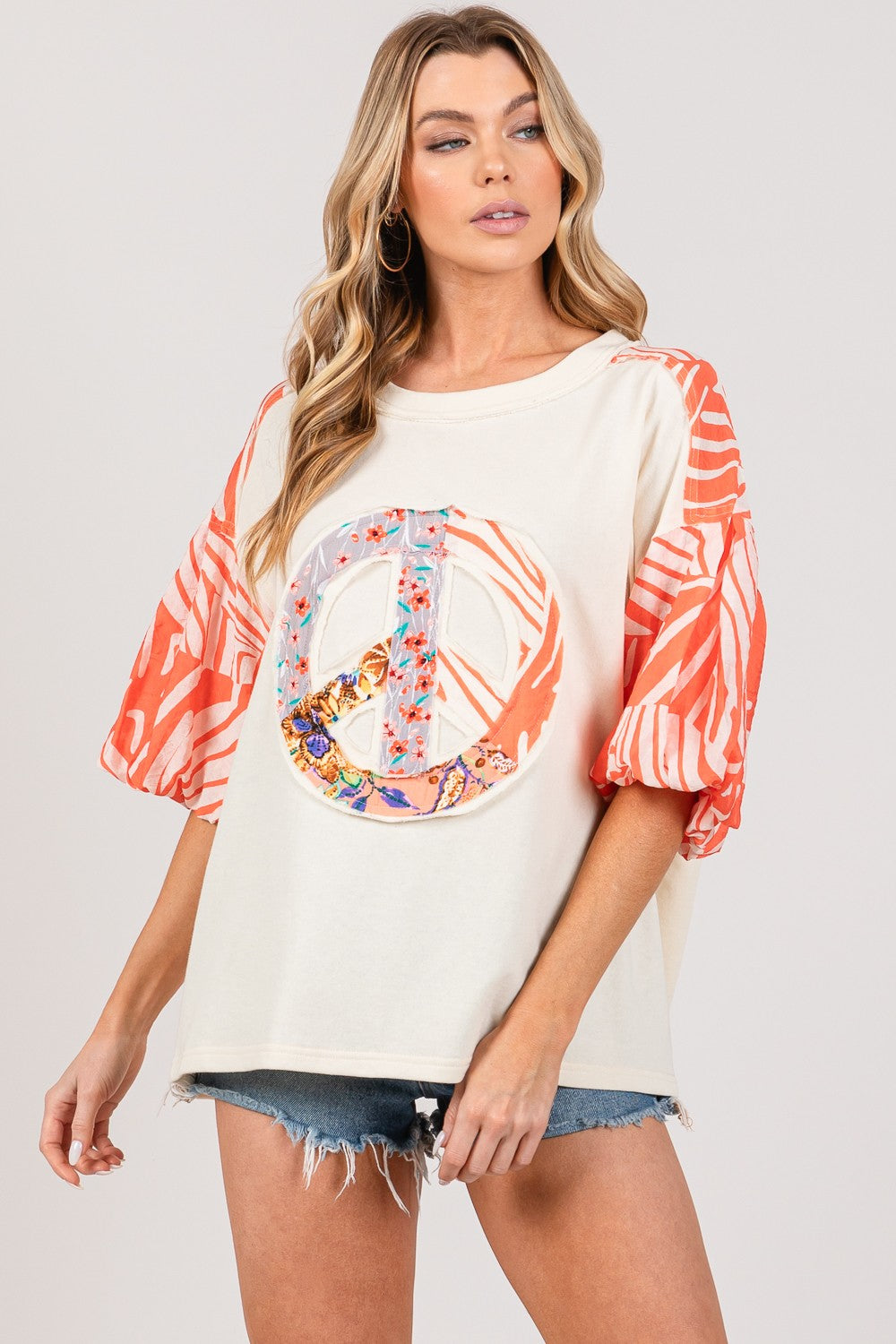 SAGE + FIG Peace Applique Patch with Zebra Print Contrast Top