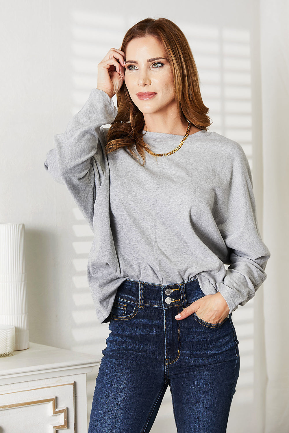 Double Take Seam Detail Round Neck Long Sleeve Top