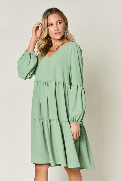 Double Take Full Size V-Neck Balloon Sleeve Tiered Dress