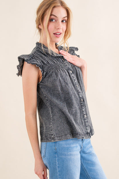 And The Why Full Size Ruffled Button Up Cap Sleeve Denim Top