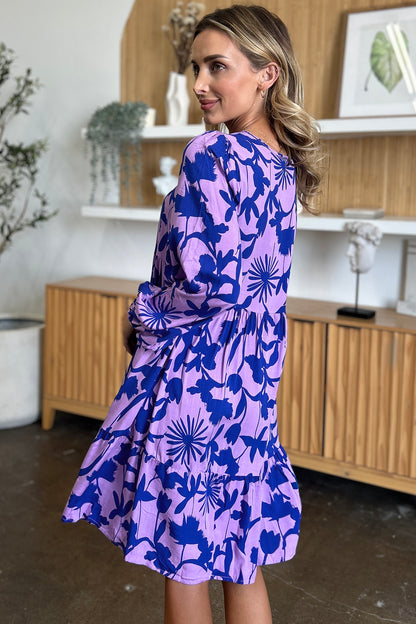 Double Take Full Size Printed Ruffle Hem Long Sleeve Dress