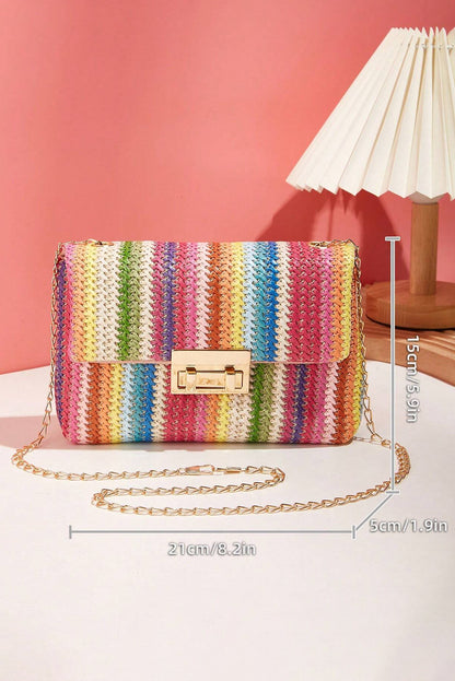 Camel Woven Striped Flapped Single Shoulder Bag