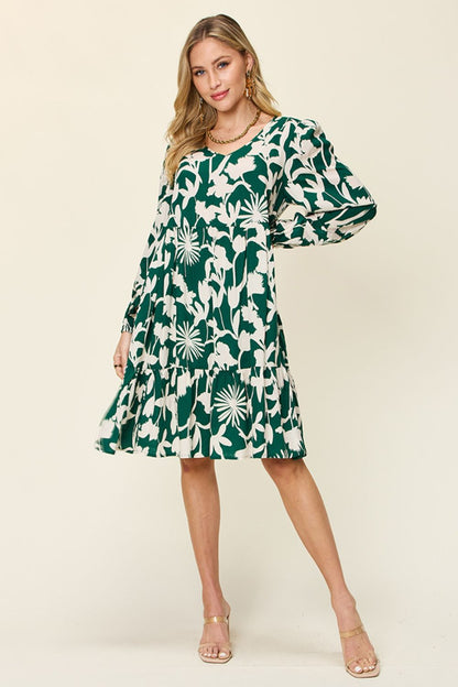 Double Take Full Size Printed Ruffle Hem Long Sleeve Dress